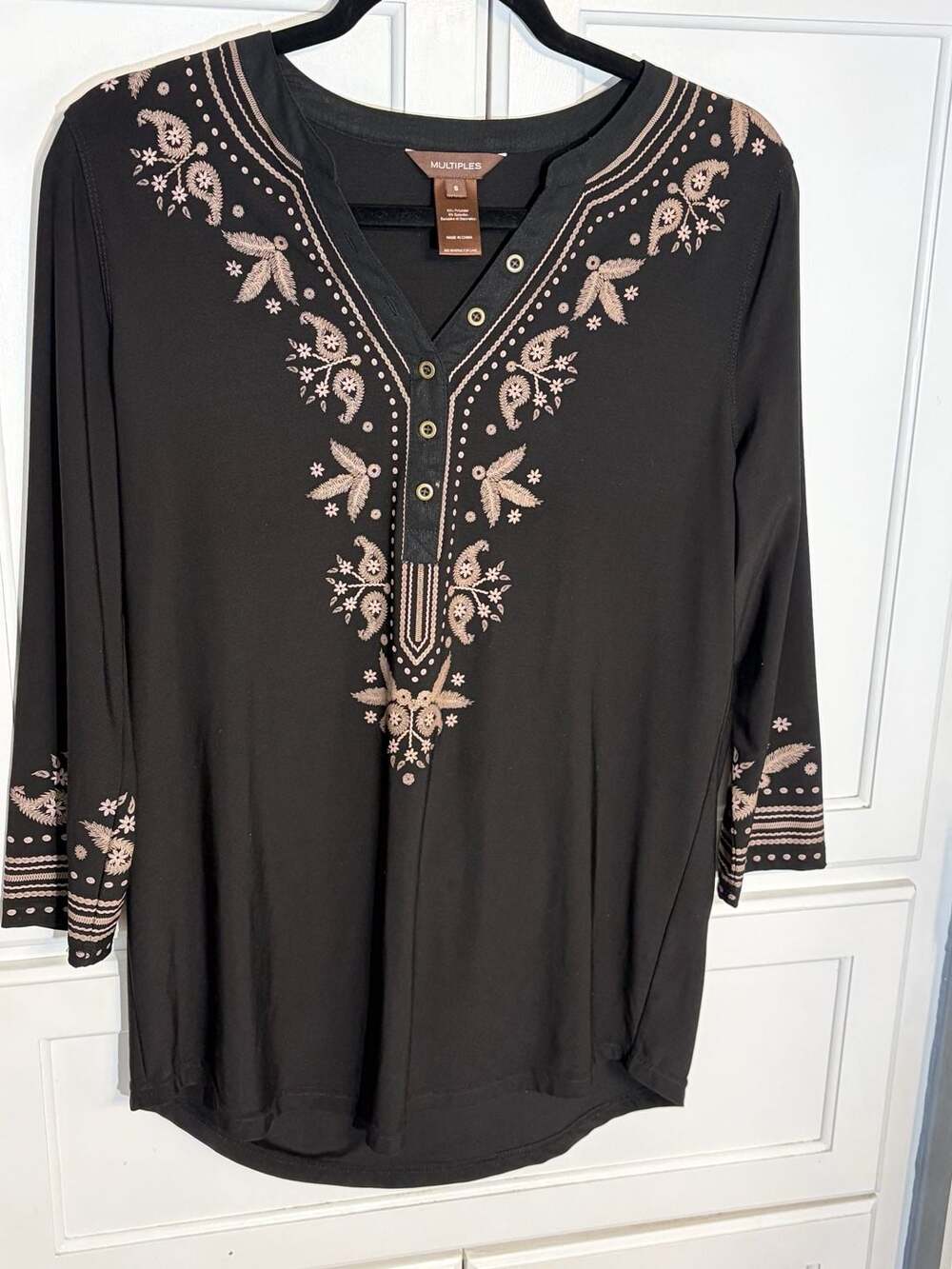 Multiples Black Embroidered Henley Tunic Top Size S